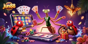 Win big with jun88 at this vibrant casino scene featuring engaging characters and games.